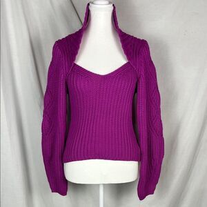 Express Queen Anne Neckline Fuchsia Pink Ribbed Relaxed V-Neck Sweater